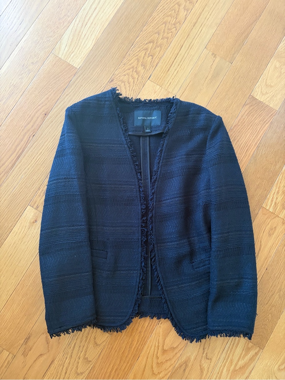 Banana Republic Navy Fringe Trim Textured Open Jacket